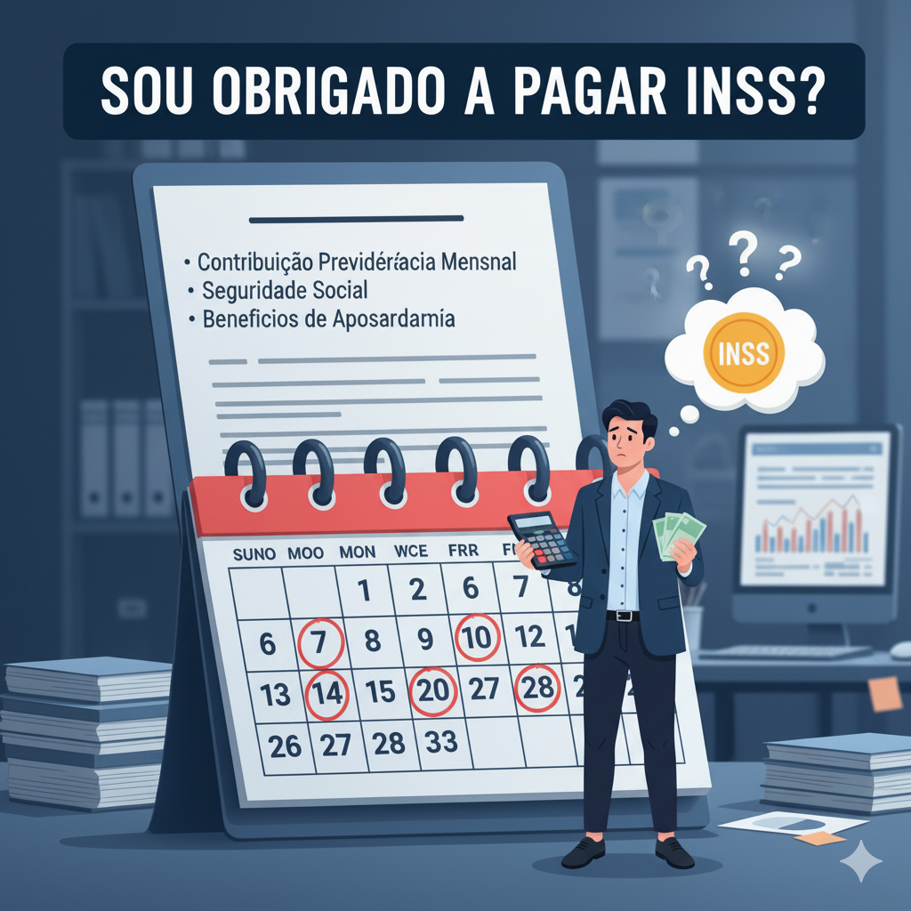 Sou Obrigado a Pagar INSS? Entenda Suas Obrigações e Direitos 1 Um homem jovem e sério está parado em um escritório moderno, segurando uma calculadora e um punhado de notas de dinheiro. Acima de sua cabeça, um balão de pensamento transparente contém a palavra 'INSS' e três pontos de interrogação, indicando confusão ou dúvida. Ao lado dele, um grande calendário de mesa exibe as palavras 'SOU OBRIGADO A PAGAR INSS?' no topo, e uma lista de tópicos como 'Contribuição Previdenciária Mensal', 'Seguridade Social' e 'Benefícios de Aposentadoria'. Várias datas no calendário estão circuladas em vermelho. Ao fundo, um monitor de computador exibe gráficos e documentos, e pilhas de livros e pastas estão sobre uma mesa, sugerindo um ambiente de trabalho financeiro.