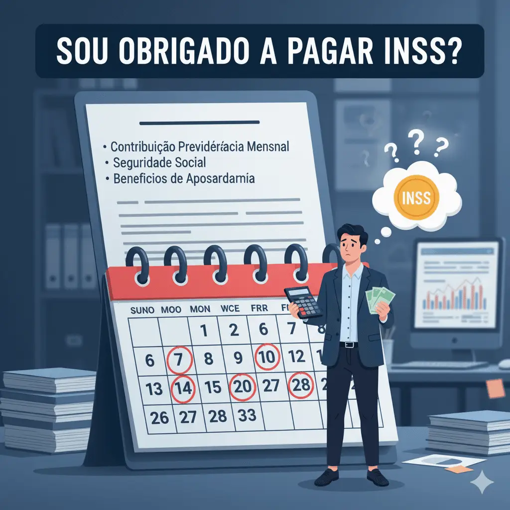 Sou Obrigado a Pagar INSS? Entenda Suas Obrigações e Direitos 1 Um homem jovem e sério está parado em um escritório moderno, segurando uma calculadora e um punhado de notas de dinheiro. Acima de sua cabeça, um balão de pensamento transparente contém a palavra 'INSS' e três pontos de interrogação, indicando confusão ou dúvida. Ao lado dele, um grande calendário de mesa exibe as palavras 'SOU OBRIGADO A PAGAR INSS?' no topo, e uma lista de tópicos como 'Contribuição Previdenciária Mensal', 'Seguridade Social' e 'Benefícios de Aposentadoria'. Várias datas no calendário estão circuladas em vermelho. Ao fundo, um monitor de computador exibe gráficos e documentos, e pilhas de livros e pastas estão sobre uma mesa, sugerindo um ambiente de trabalho financeiro.