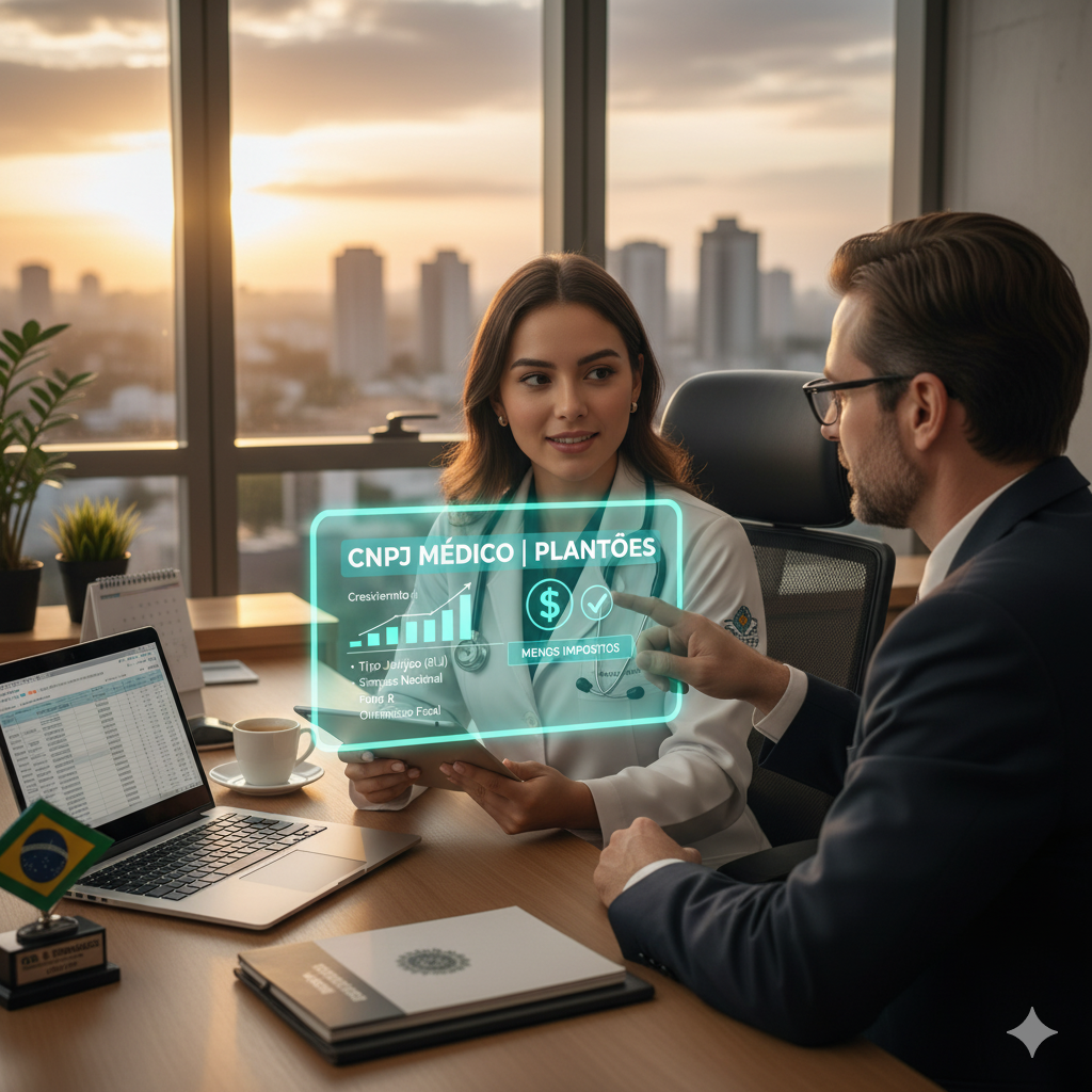 A imagem exibe um médico e um consultor financeiro/contábil em um diálogo estratégico, com o plano de fundo de um escritório moderno. O cenário ilustra o momento crucial de abrir CNPJ para receber plantões, destacando a busca por soluções inteligentes que permitam ao profissional de saúde otimizar sua estrutura de trabalho e reduzir a carga tributária de forma legal e eficiente.