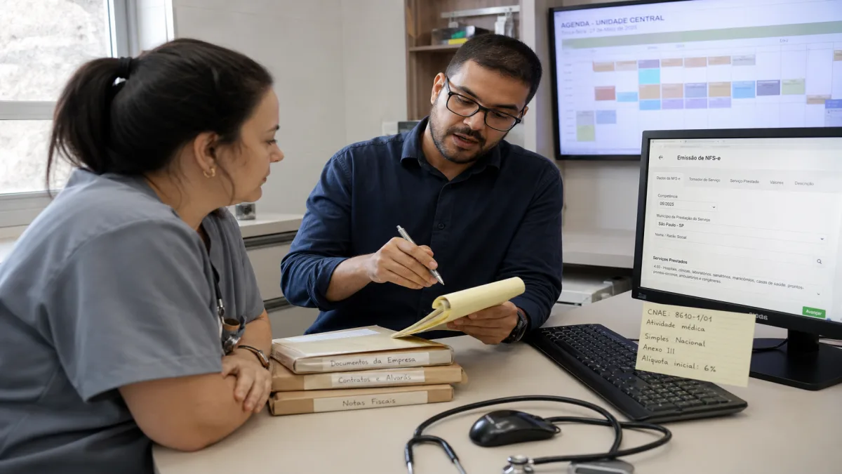 profissional analisando Abertura de CNPJ para Profissionais da Saúde em clínica com computador e documentos fiscais