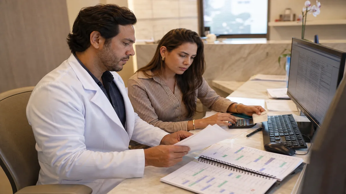 contabilidade para dermatologistas: Dermatologista e assistente analisando relatórios financeiros em computador .